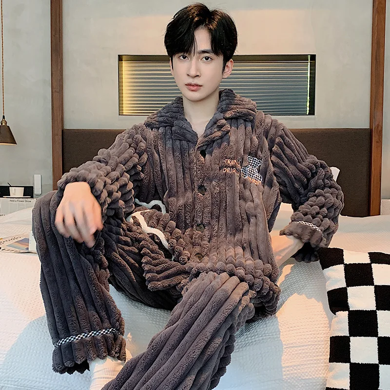 QUHENG 2022 Flannel Pajama Sets Men Autumn Winter Thick Warm Long Sleeve Coral Velvet Sleepwear Suit Loungewear Home Clothes