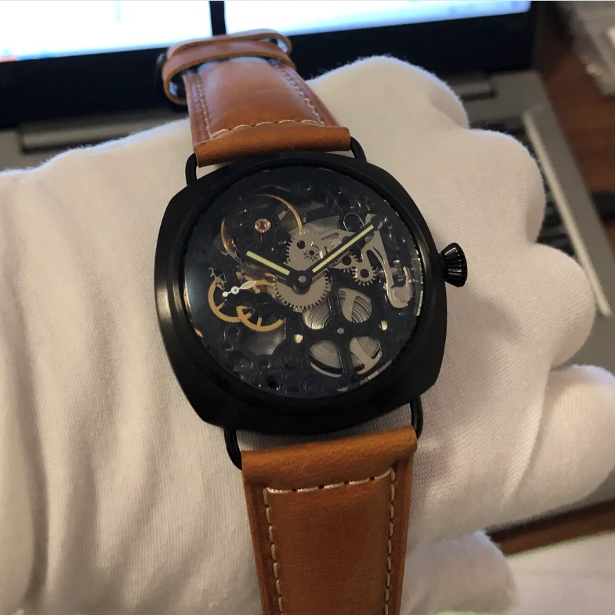 45 мм черный 6497 скелетонизированный механизм PVD Корпус из нержавеющей стали 316L