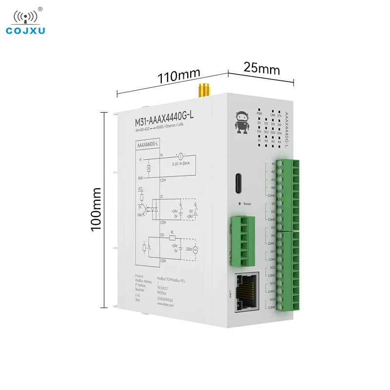 4DI+4AI+4DO LoRa 433MHz Distributed Remote IO Module COJXU M31-AAAX4440G-L RJ45 RS485 Host Modbus 30dBm 10KM