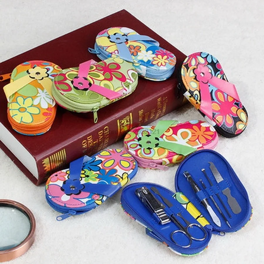 

by DHL 100set 7pcs/set slippers shaped Nail Art Manicure Nail Care Tools with Mini Finger Cutter Clipper File Scissor Tweezers