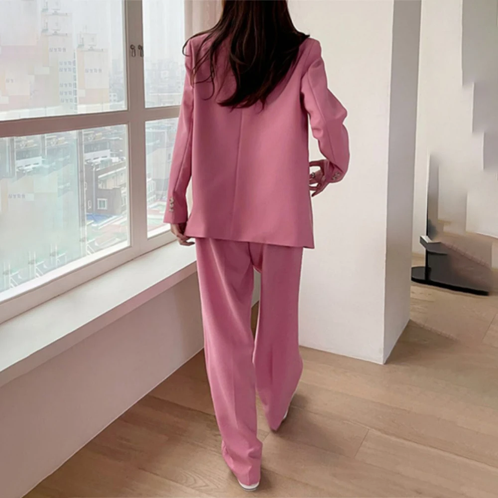 Korean Fashion Spring Autumn Women Pants Set Pink Loose Blazer Office Duble Breasted Suit Jackets Casual Pantsuit Female 2 Piece