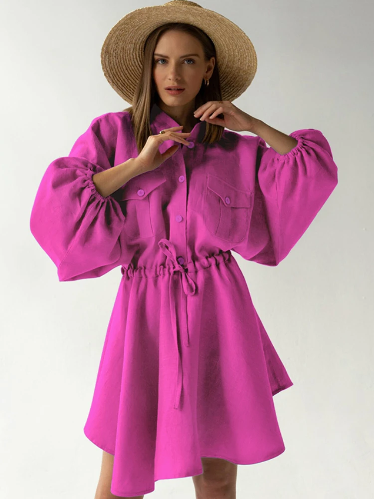 

Платье женское ТРАПЕЦИЕВИДНОЕ с рукавами-фонариками и завязками