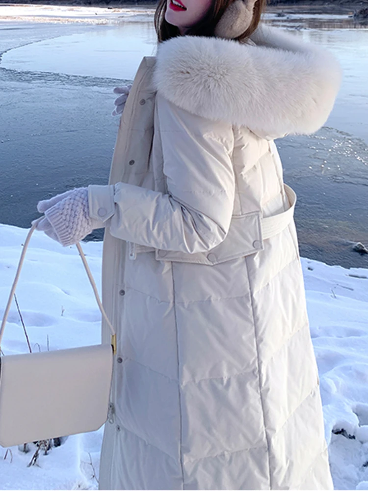 2023 Winter Long Straight Down Jackets Coats Women Parka Fake Fur Collar Hooded Thick Coat Warm Female Outwear Down Jacket