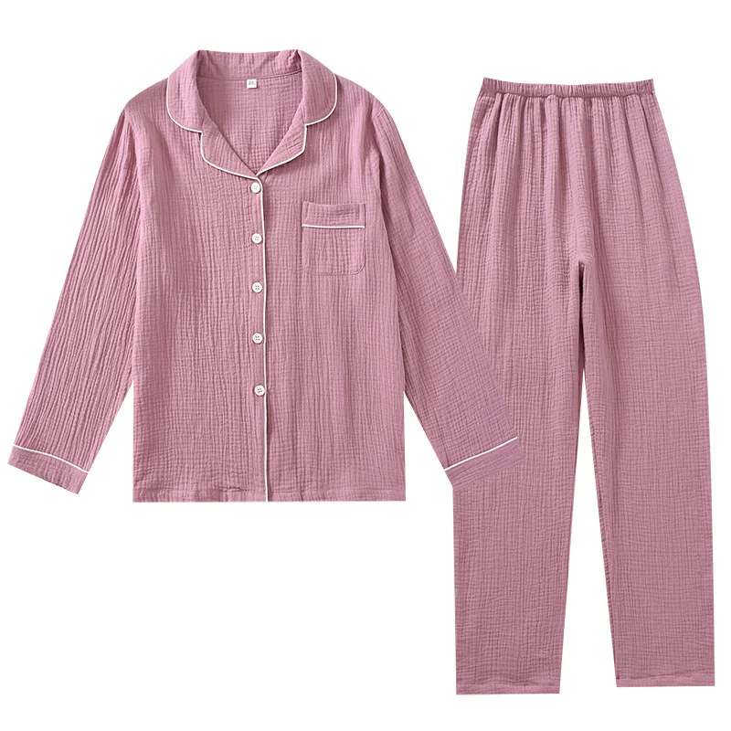 

Пижамный костюм мужской двухслойный из крепа, хлопковая дышащая одежда для сна с длинными рукавами, простые японские однотонные штаны