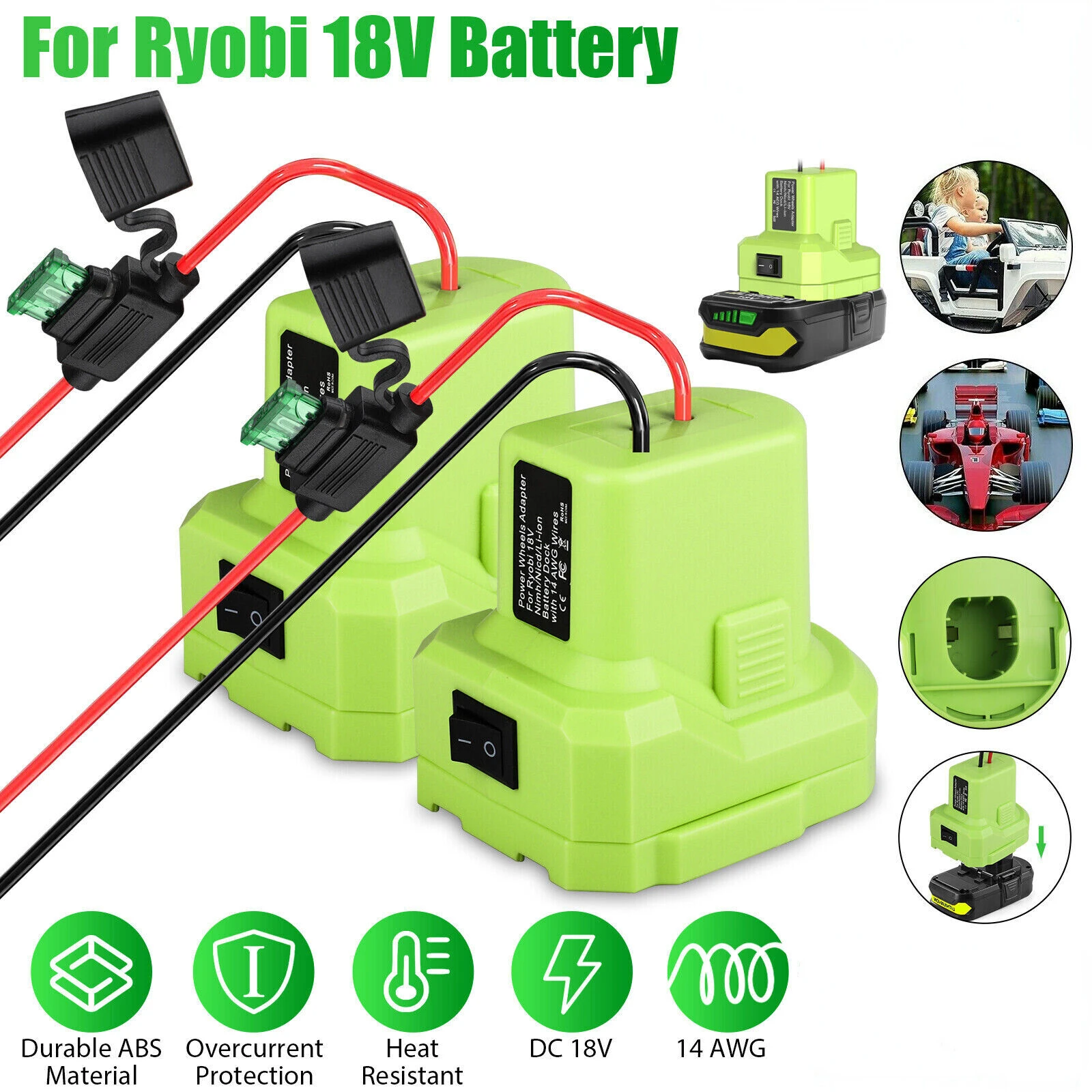 Enlarge Power Wheels Adaptor for Ryobi 7.2-20V Lithium Ni-MH Battery Dock Power Connector 14 AWG DIY Adapter Tools P108 P107 P102