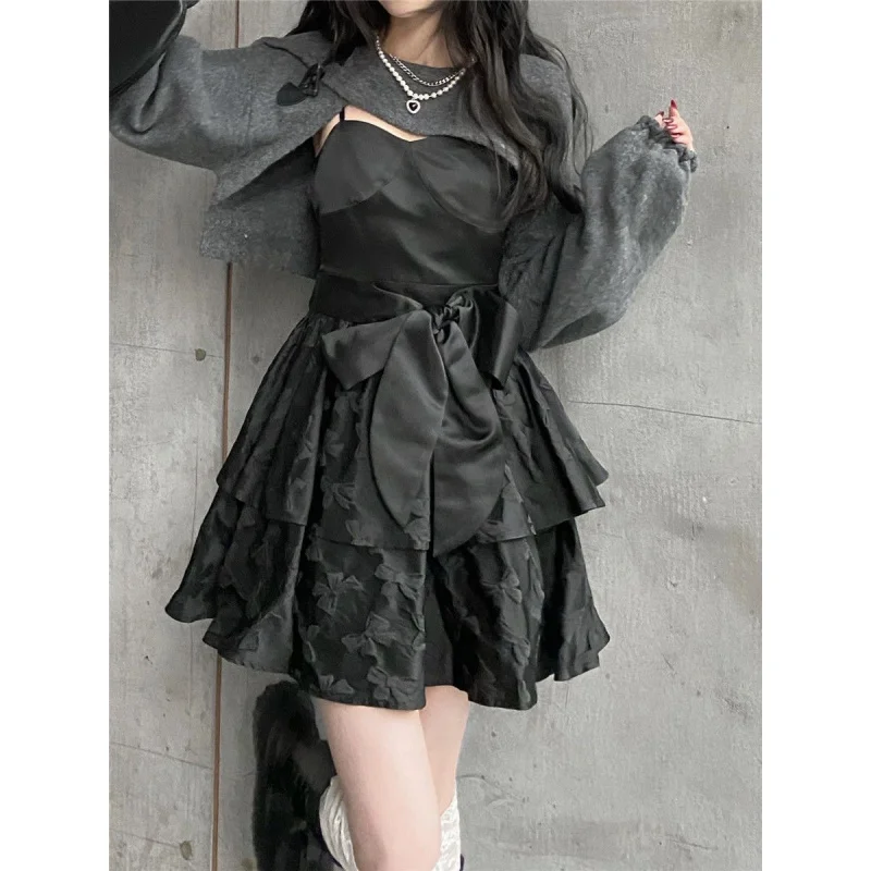 

Fashion Sexy Suspender Dress Shirt Cover Two-Piece Suit Spring and Autumn Special-Interest Design Black Hot Girl Fashion Suit