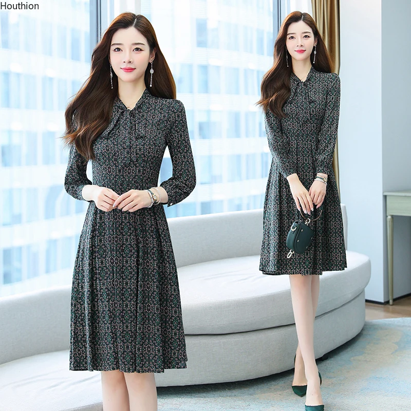 

New Women's Dresses V-neck Bow Type A Long Sleeve Printing Chiffon Fashion Slim Preppy Style Summer Female Clothing