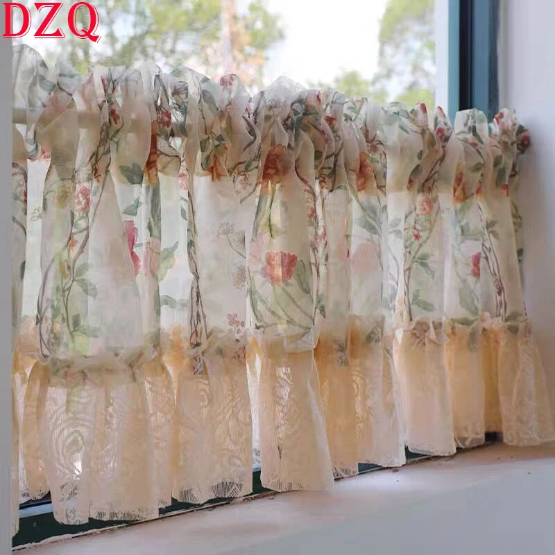 

American Vintage Light Beige Flowers Lace Short Curtains Korea Pastoral Tulle Floral Half Curtains for Kitchen #A330