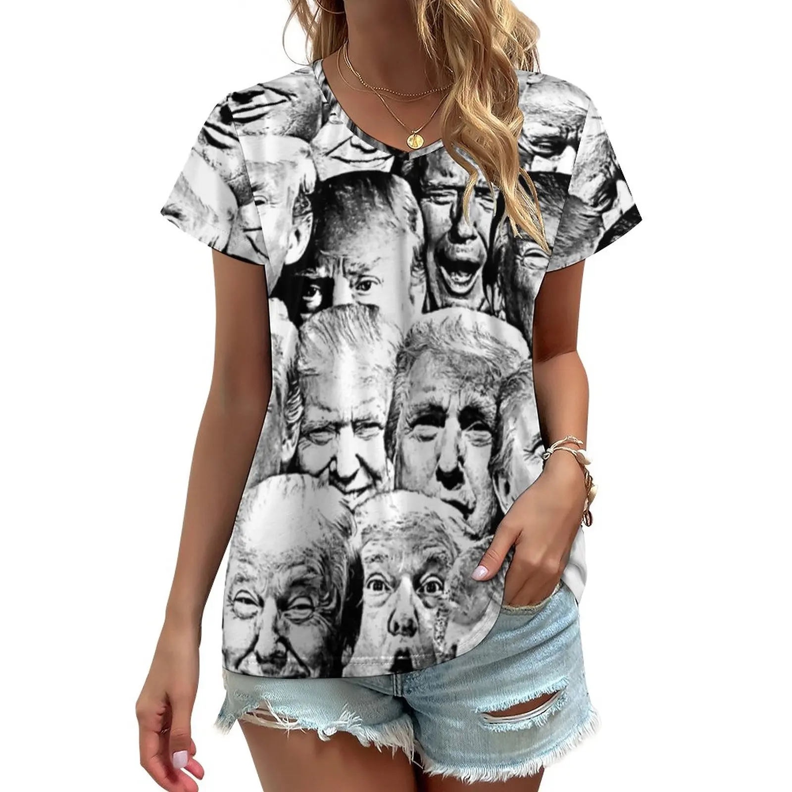 

Футболка женская с забавным принтом «мемы», модный топ оверсайз с коллажем Трампа, Классическая пикантная рубашка с коротким рукавом и V-обр...