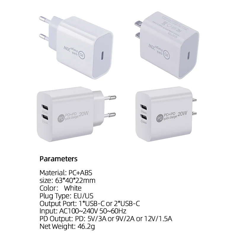 Быстрое зарядное устройство PD20W с одной двойной USB-портой Тип C для быстрой