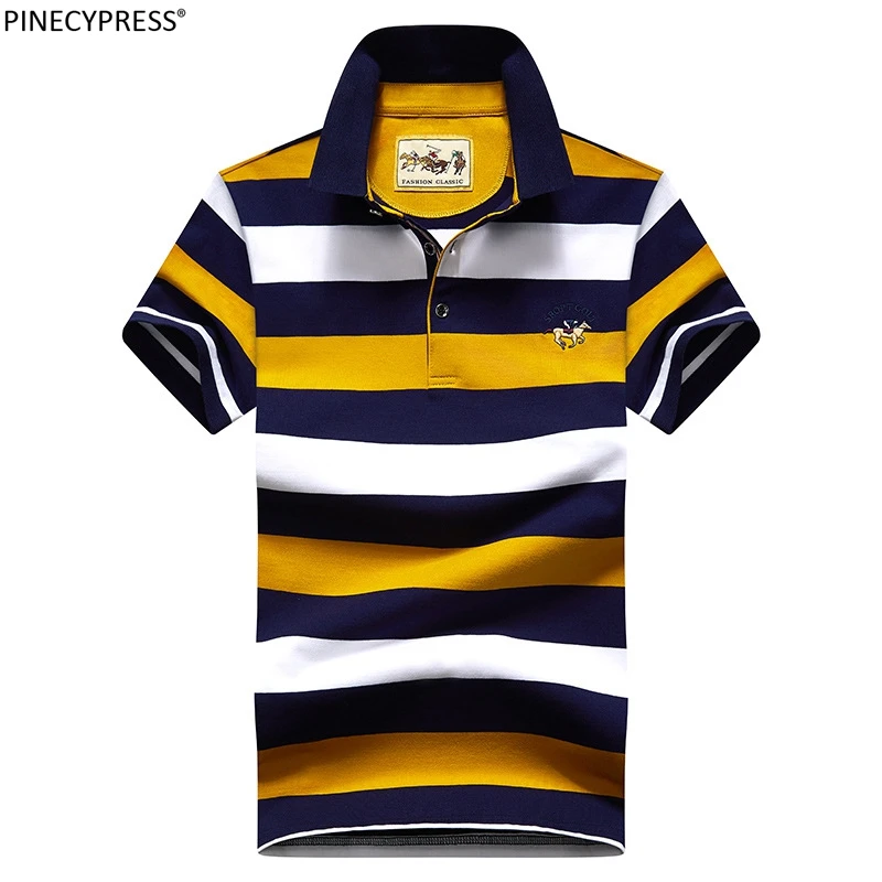 95% Cotton 5% Spandex Men Short Sleeve Polo Shirt Asian Sizes Male Soft Quality Fashion Blue Yellow Stripe Man Polo-shirt