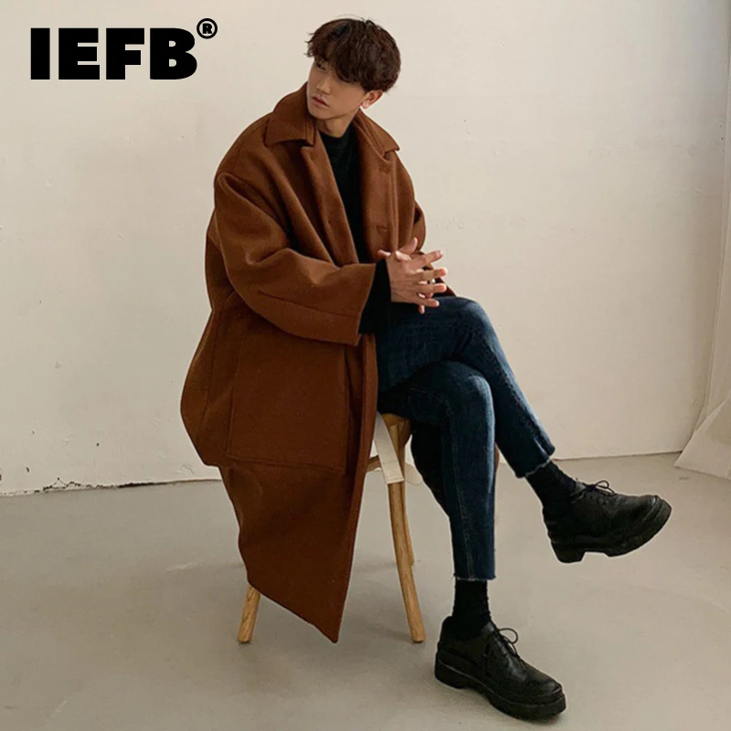

IEFB Woolen Coat Trend Men's Autumen Winter Clothing Korean Style Thickened Blends Windbreakers Knee Length Loose Male 9C1633