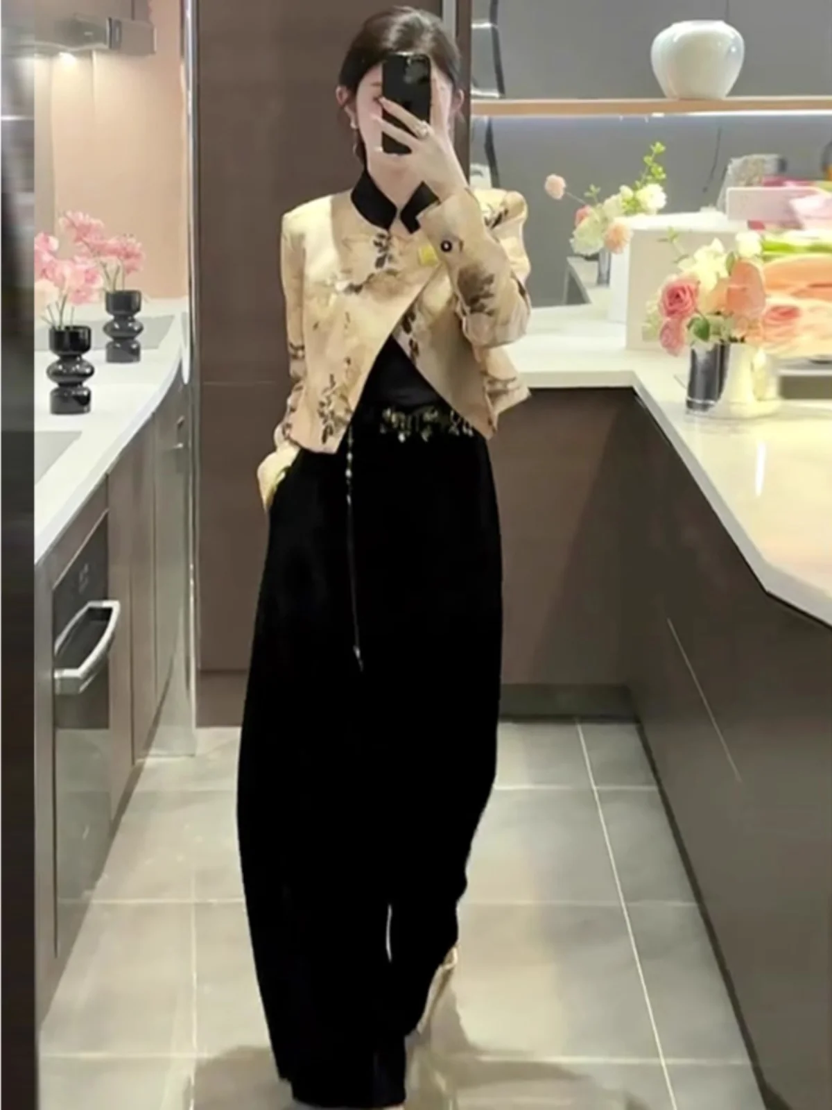 Autumn Match a Whole Set Women Fashionable New Chinese Sle Zen Outerwear Wide Leg Pants Slim Temperament Two-piece