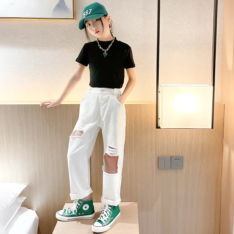 

Kids Summer Girls Clothes Set Short Sleeve T Shirt + White Ripped Pants Outfits School Children Clothing Tracksuit