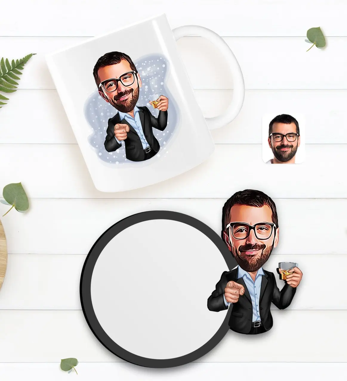 

Персонализированная Мужская карикатура на белую кружку и деревянную подставку в подарок