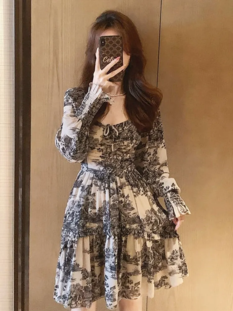 

Summer Mini Dress for Women Printing Design Female Clothing Long Sleeves Belt Fairy Dresses Women's Vintage Party Robes Femme