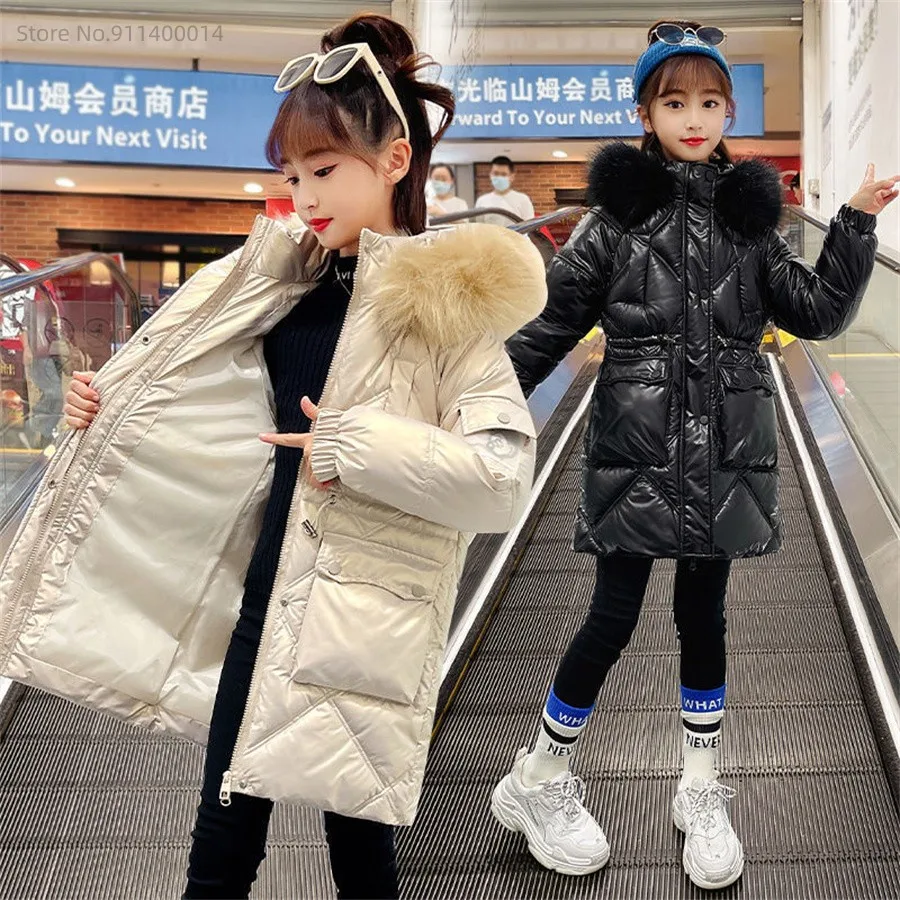 

Зимнее Детское пальто с хлопковой подкладкой, однотонная пуховая куртка средней длины для девочек, утепленная детская парка с мехом и капюшоном, одежда