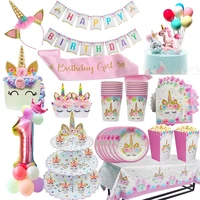 unicorn party 3 tier cup cake stand paper plates cups balloon birthday party decoration kids unicornio party girls baby shower
