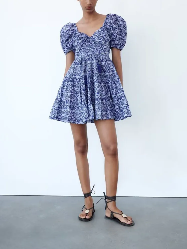 

Summer new women's clothing French sweet temperament casual holiday puff sleeve square collar printed cotton short dress