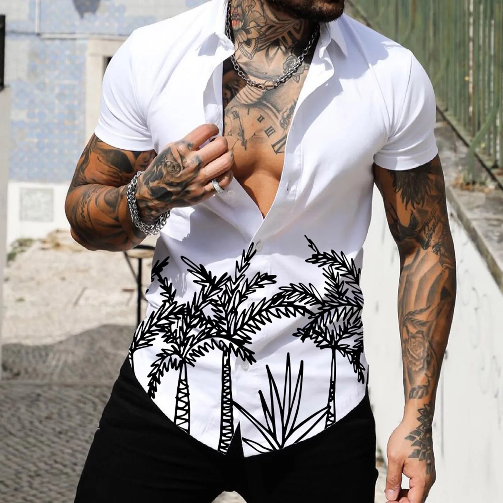 

Men Spring Summer Single Breasted Casual Lapel Full Print Beach Short Sleeve Vacation Outdoor Holiday Shirt Lightweight Top