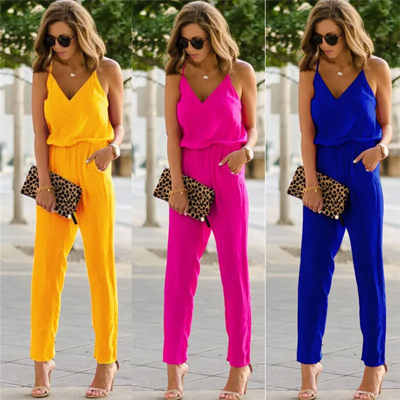 

New Arrival Sexy Spaghetti Jumpsuits Summer Women V Neck Solid Casual Sleeveless Pockets Long Romper Female