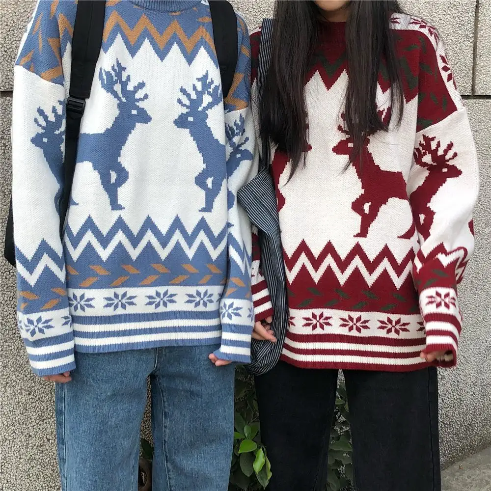 

Korean Style Trendy and Personalized Hip Hop Couple Round Neck Deer Sweater Autumn and Winter Couple Lazy Knitted Casual Top