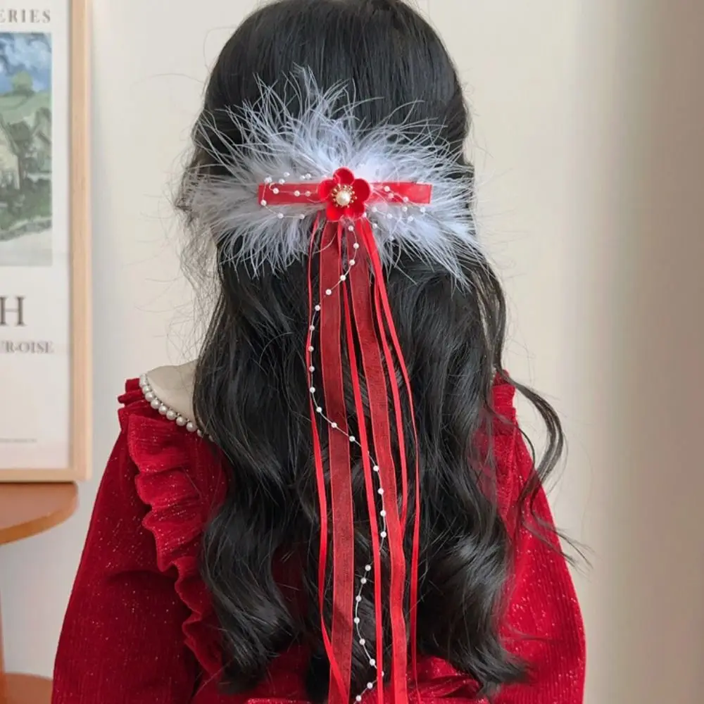 Прекрасная лента для детей красная заколка волос с кисточкой из перьев китайский