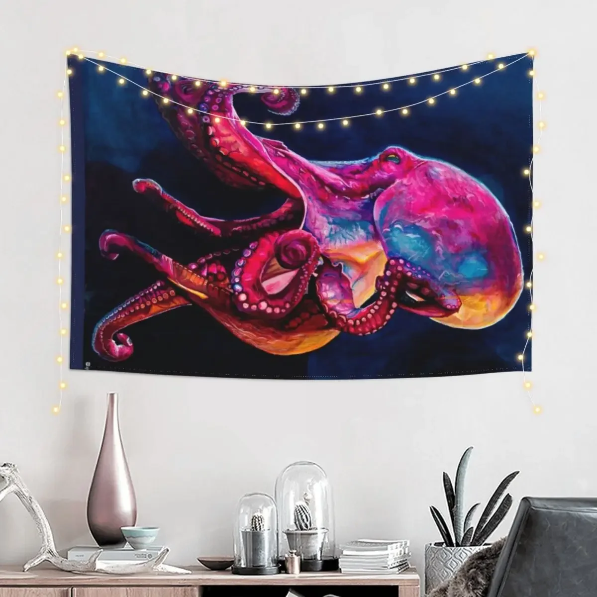 Глубокий красочный розовый и синий осьминог тушь картина из глубины гобелен