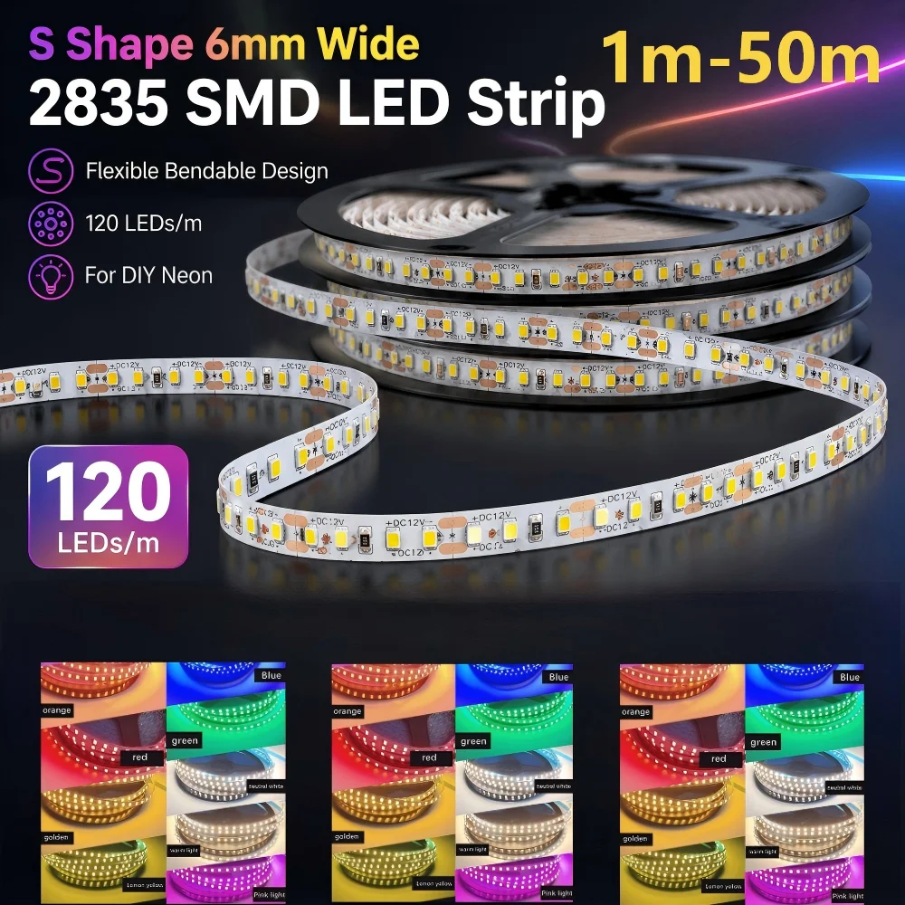 Фото Гибкая светодиодная лента S-образной формы, ширина 6 мм, 2835 SMD LED, 120 светодиодов/м, для самостоятельного изготовления неоновых вывесок и букв, 13 цветов, 1м-50м №1