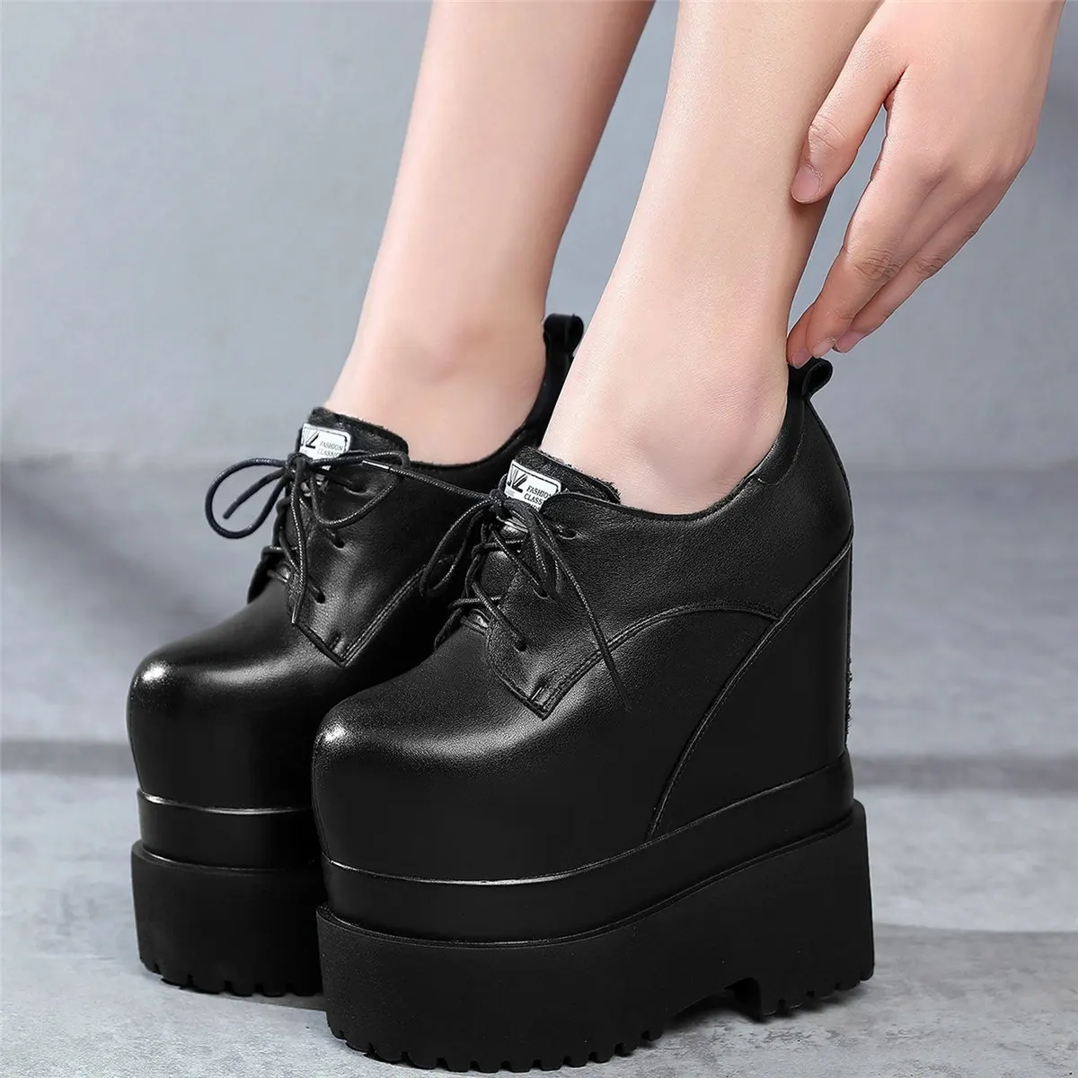 Fashion Sneakers Women Lace Up Genuine Leather Super High Heels Ankle Boots Female Round Toe Chunky Platform Pumps Casual Shoes