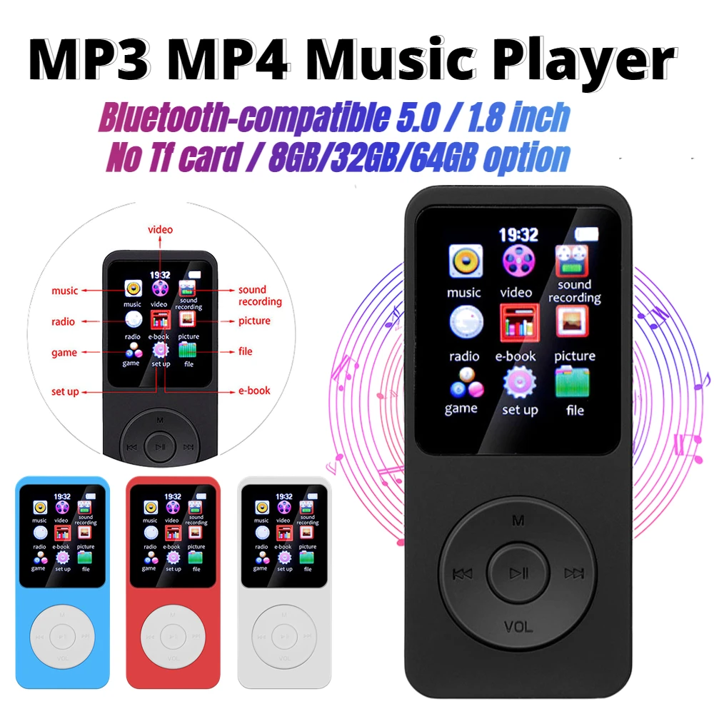 

Mini MP3 Player Bluetooth-compatible 5.0 1.8 inch Color Screen Walkman MP4 Student Music FM Radios Players for Windows XP/VISTA