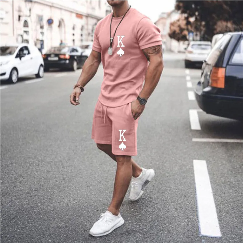 New Men Fashion King Letter 2-piece Set Men Street Short Shirts Shorts Casual Oversized Comfortable Clothes Jogging Training Set