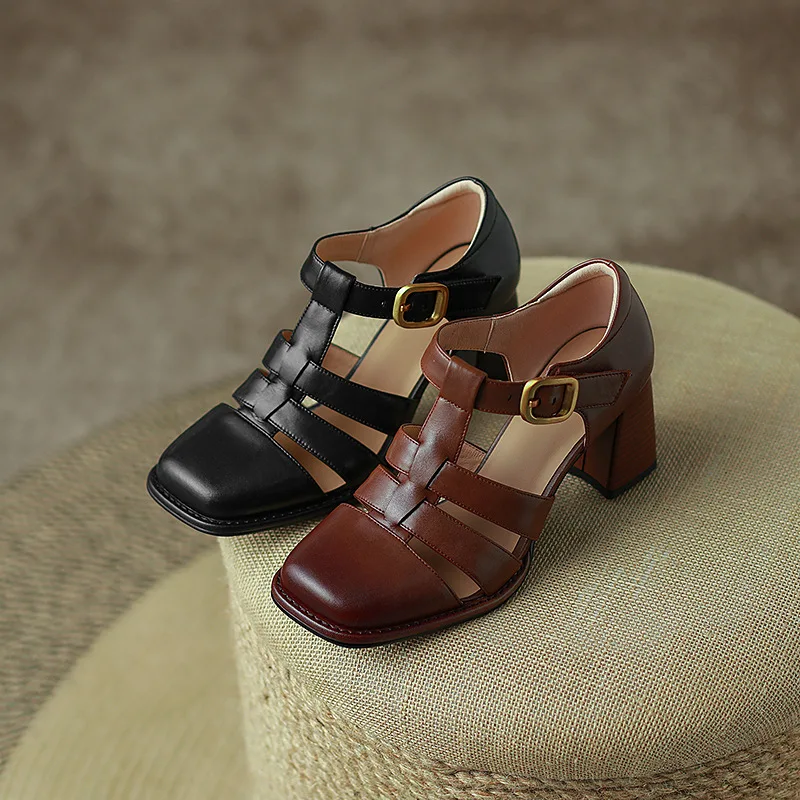 

Сандалии Baotou женские в ретро стиле, босоножки с вырезами, квадратный носок, высокий каблук, пряжка, ремешок, римские сандалии, лето 2023