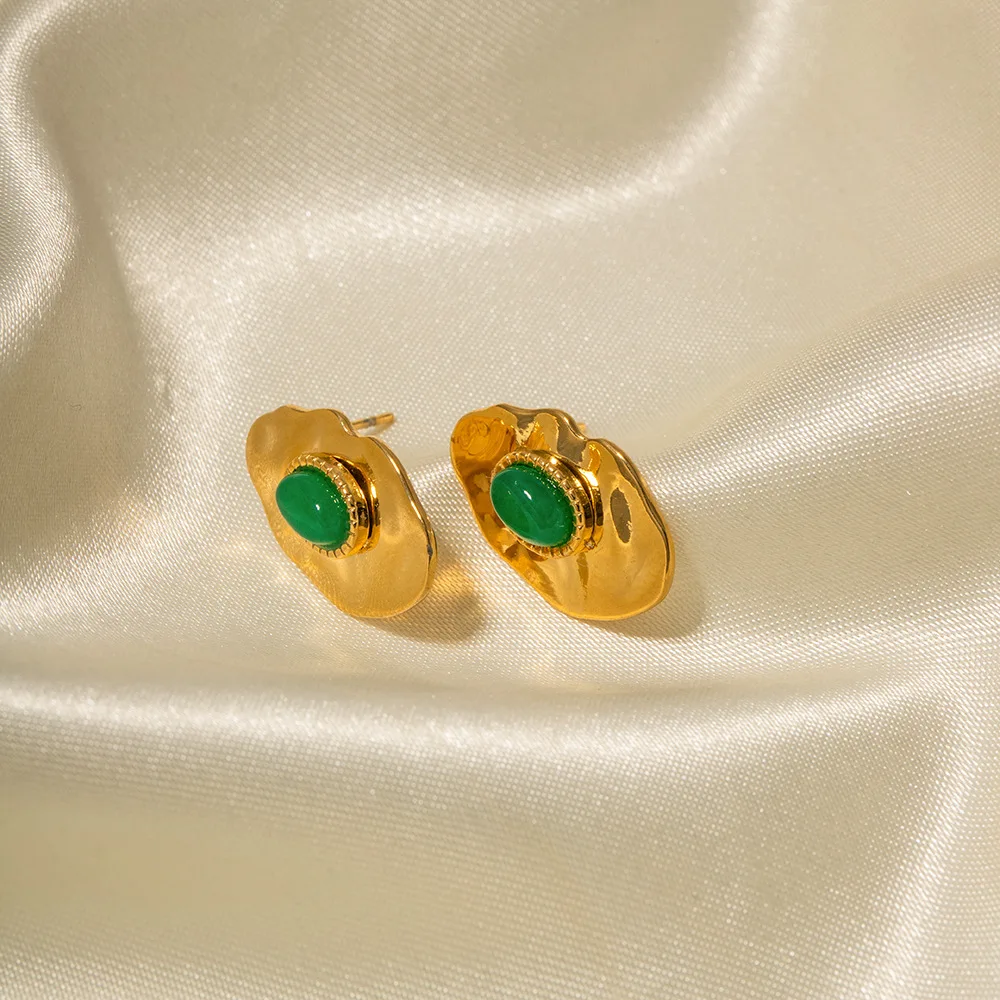 Stainless Steel PVD 18K Gold Plated Tarnish Green Stone Eye Stud Earrings  For Woman Jewelry Wholesale INS Trendy