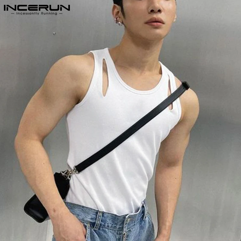 

2022 Men Tank Tops O-neck Sleeveless Streetwear Breathable Hollow Out Sexy Vests Solid Color Casual Men Clothing S-5XL INCERUN