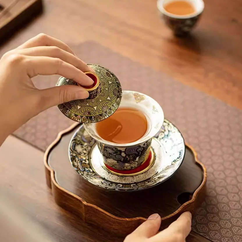 Chen Desheng Черный Тханка ручной работы Dunhuang и серебряный набор Wrong Gaiwan Персональный