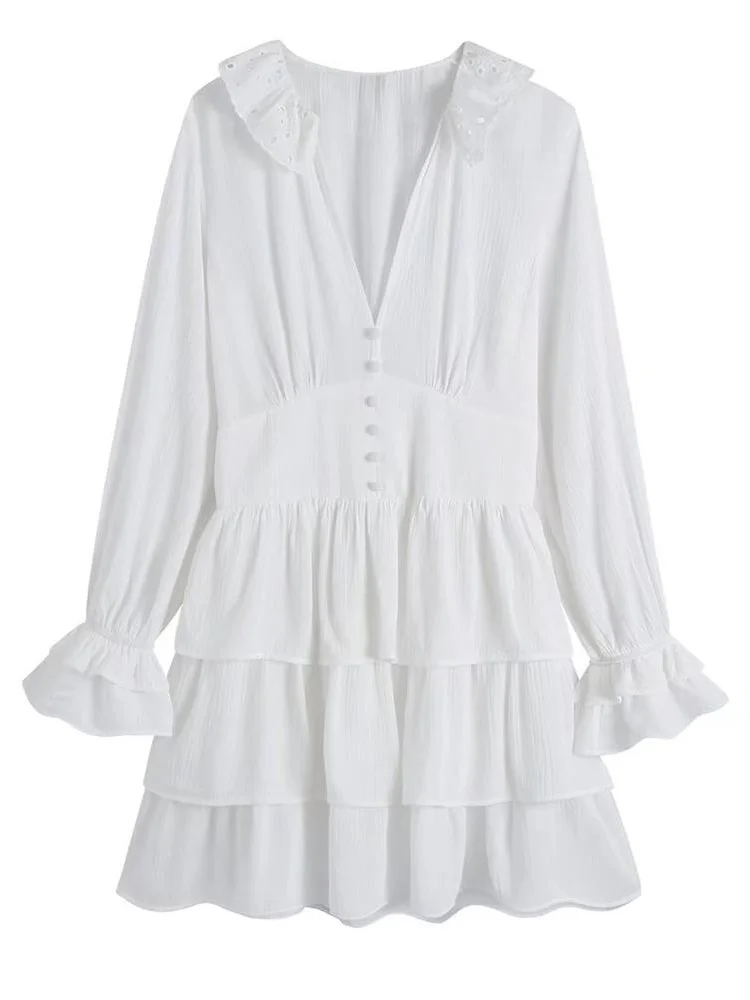 

TRAF Women 2022 Fashion With Embroidered Collar Ruffled Mini Dress Vintage Long Sleeve Elastic Waist Female Dresses Vestidos