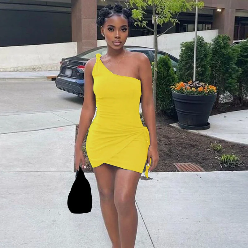 

WUHE Skew Neck Tie Up Side Irregular Mini Pencil Dress 2022 Sexy One Shoulder Party Prom Club Bodycon Women Dresses