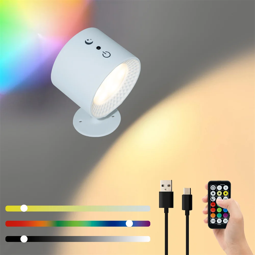 Фото Магнитное настенное бра цвета RGB, перезаряжаемое через USB, 3-цветное, с регулируемой яркостью и дистанционным магнитом на 360 градусов °   Вращение для гостиной №2