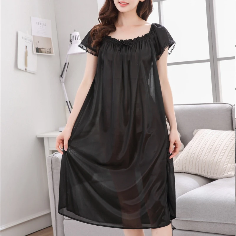 Женская летняя кружевная шелковая ночная рубашка с коротким рукавом свободная