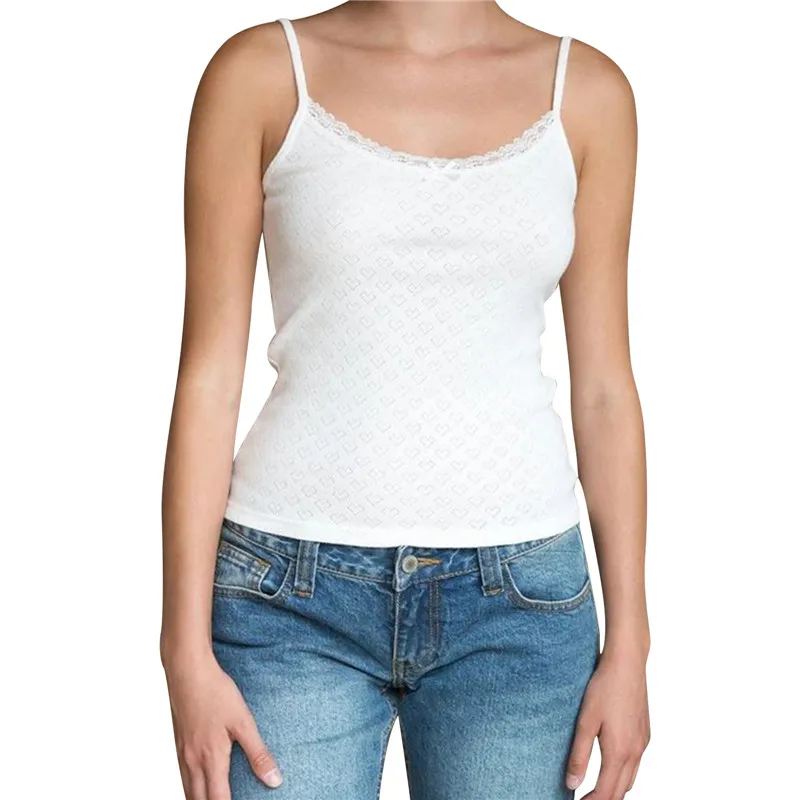 

Женская повседневная кофта на тонких бретельках с кружевом в форме сердца, облегающие белые майки, базовые рубашки для женщин, Винтажная ле...