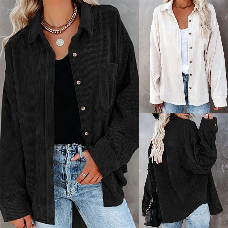 

Corduroy Women Blouses Shirts Tunic Womens Tops And Blouses Womenswear Long Sleeve Clothing Button Up Down Loose Black White New