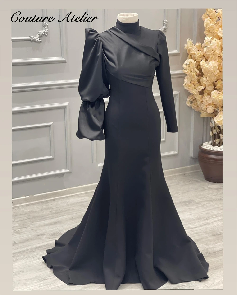

Black Satin One Shoulder Puff Long Sleeve Muslim Mermaid Evening Gown For Elegant Party High Neck Formal Dress Wedding robe