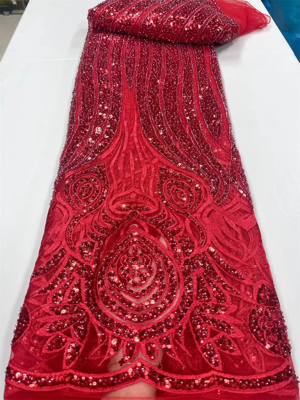 

Luxury French 3D Nigerian Beaded Tulle Lace Fabric High Quality African Net Lace Fabrics With Sequins For Evening Dresses QF0052