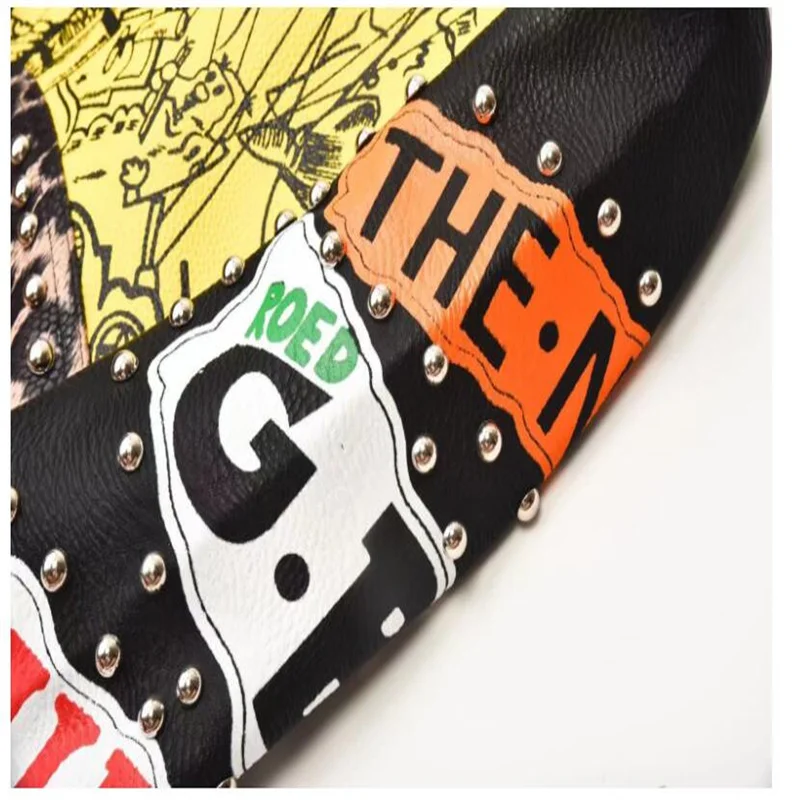 Slim graffiti leather jacket womens PU clothes punk European American printing motorcycle hit color heavy industry short coats