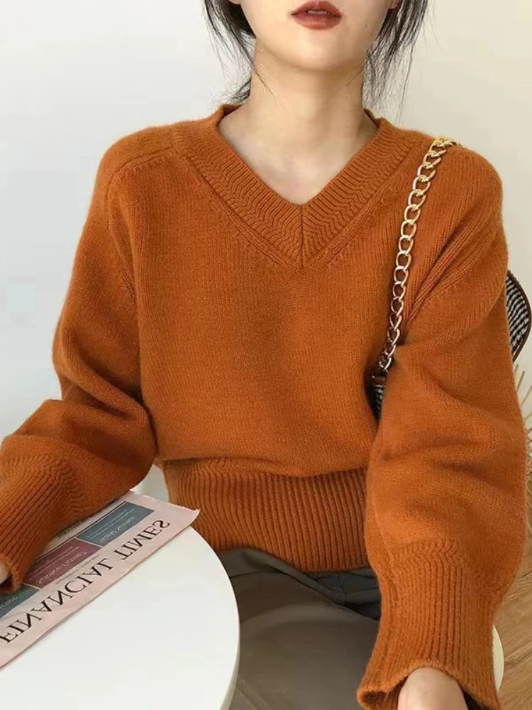 

Women's Winter Sweaters 2023 New Fashion V-neck Pullover Sweater Women's Bottom Loose and Lazy Style Knit Top Women's Clothing