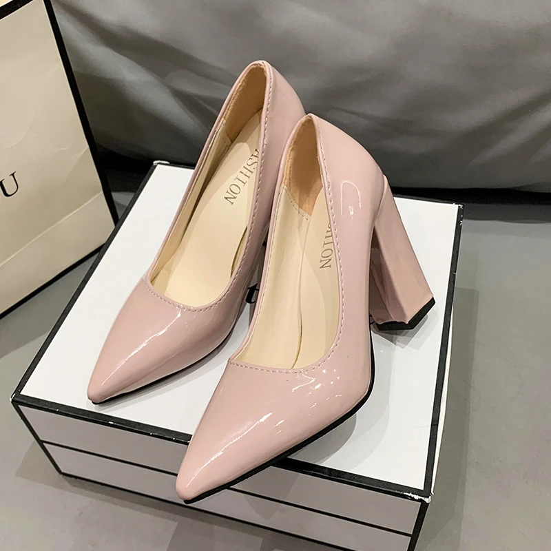 Colorful Pumps Women's Shoes 10cm High Heel Pointed Toe Fashion Chunky High Heels Patent Leather Shoes Female Plus Size 43
