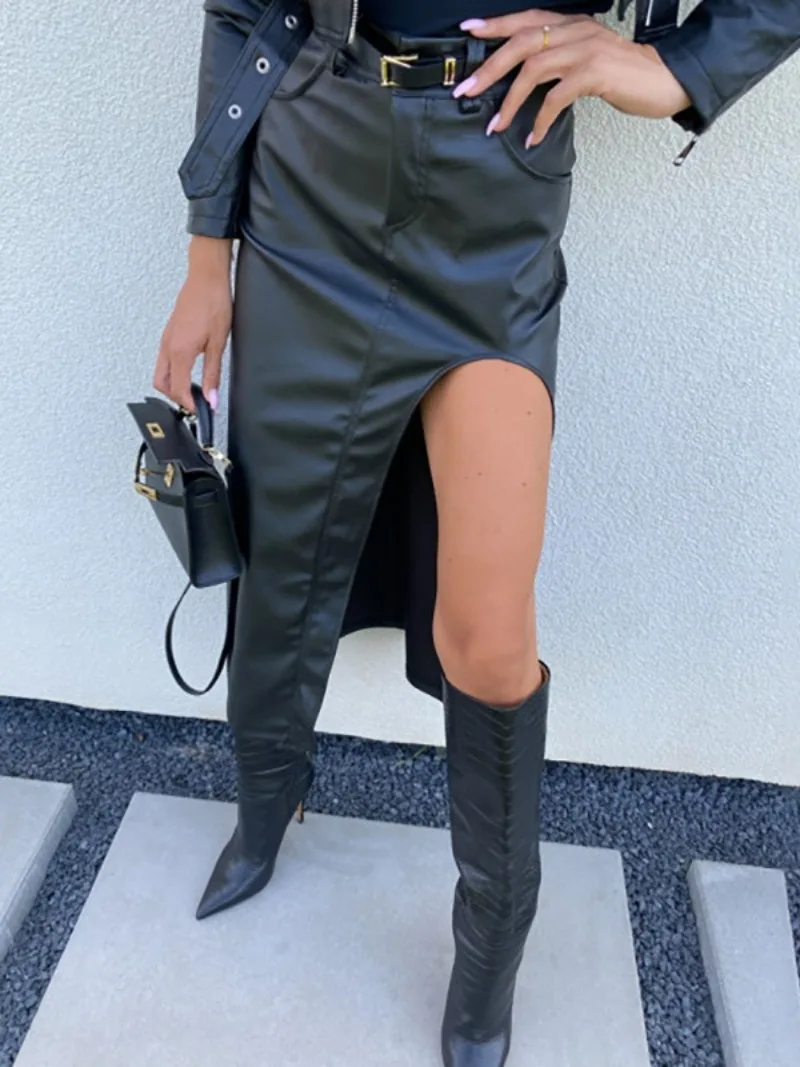 

Элегантная юбка из искусственной кожи с высоким разрезом, уличная одежда, Женская однотонная черная облегающая юбка с высокой талией, модная длинная юбка для ночного клуба