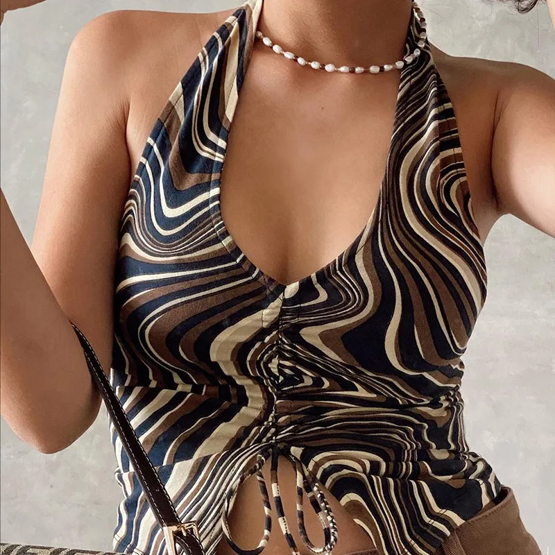 

2022 hot sexy V-neck bow tie striped drawstring hollow neck suspender vest tank top crop tops women clothing