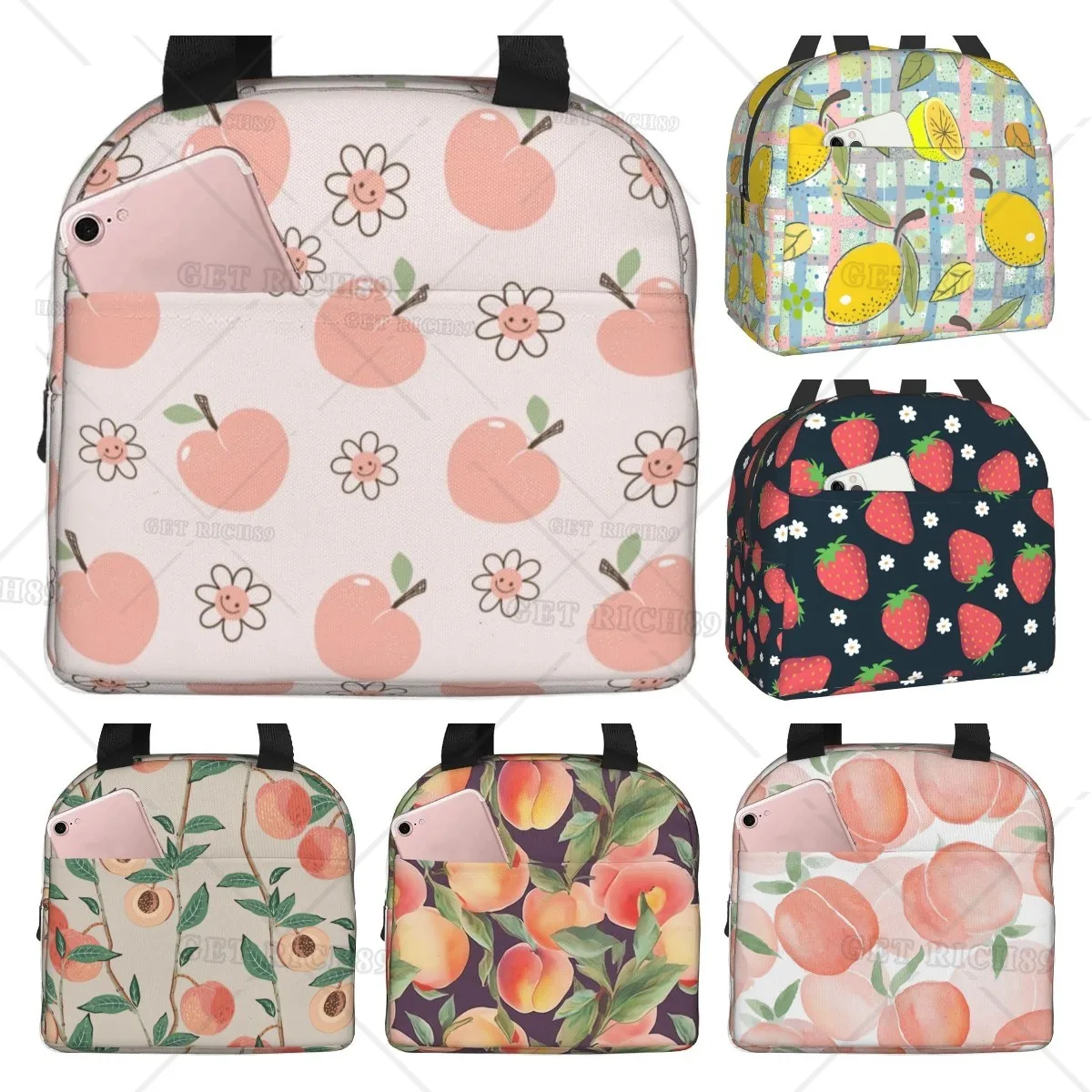 

Розовый Ланч-бокс с фруктами персика и счастливым цветком для женщин и девочек, изолированный Ланч-бокс, многоразовый Ланч-бокс, водонепроницаемый портативный тоут